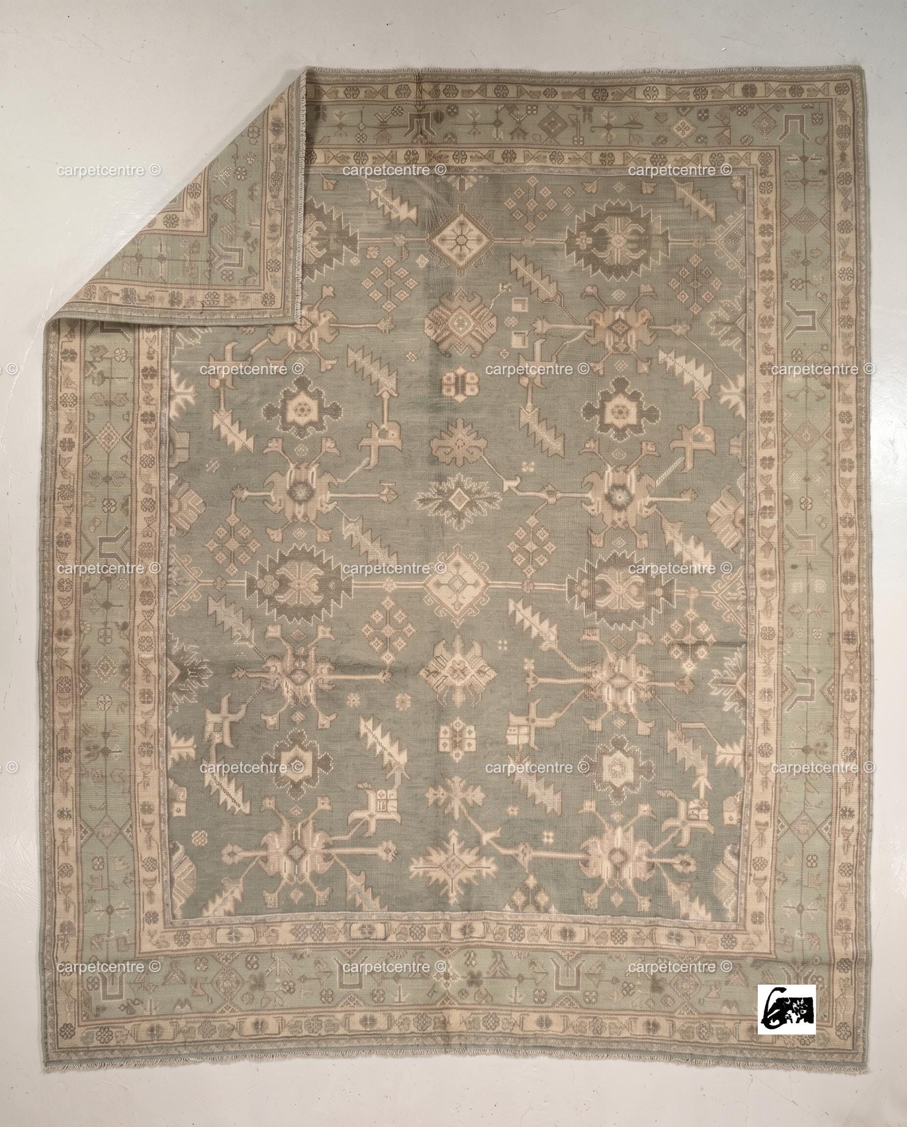 Sage Green Oushak Rug: Hand Knotted New Zealand Wool Carpet, Turkish Design