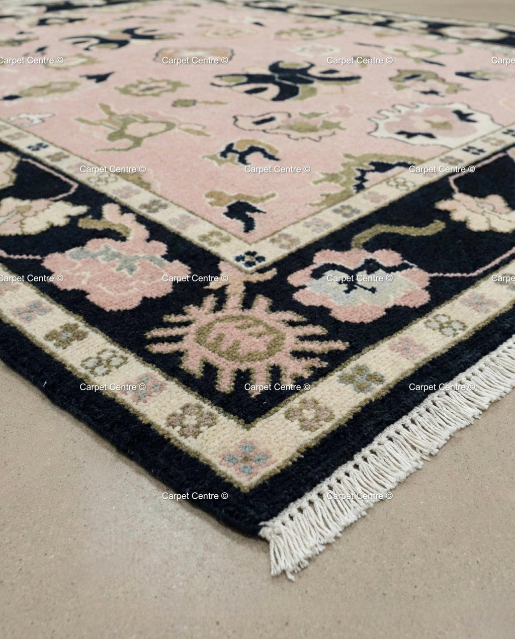 Hand Knotted Wool Oushak Rug, Blush Pink Geometric Floral, Black Border