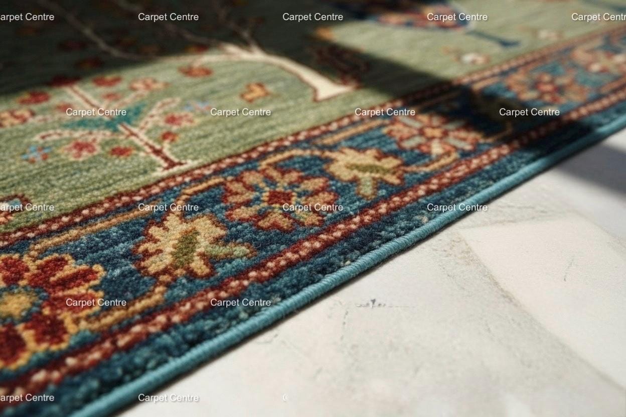 Hand-Knotted Wool Rug, Tree of Life Garden Design, Blue Green Abrash