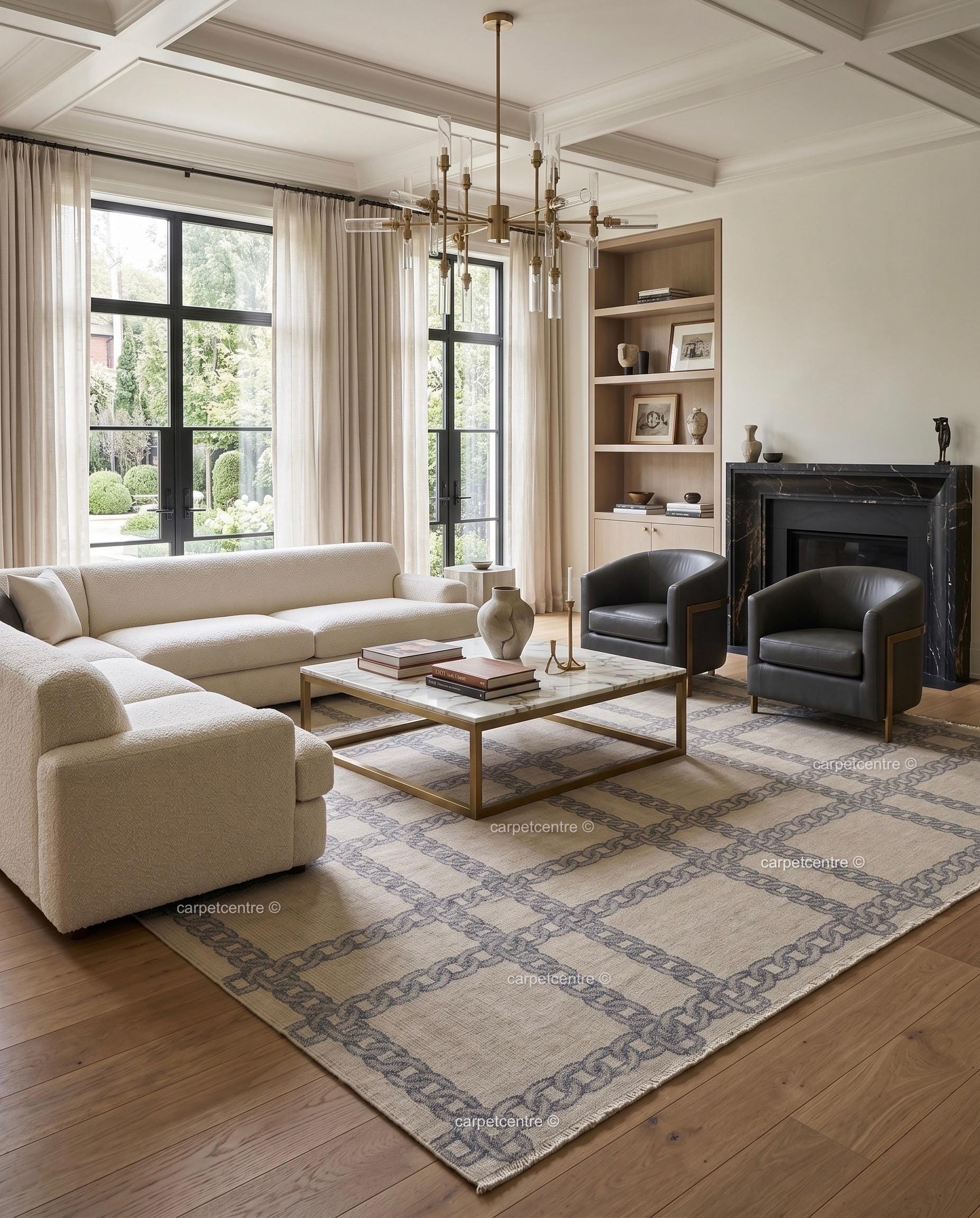 Hand Knotted Wool Oushak Rug, Slate Blue Chain Link Plaid, Transitional Greige Carpet
