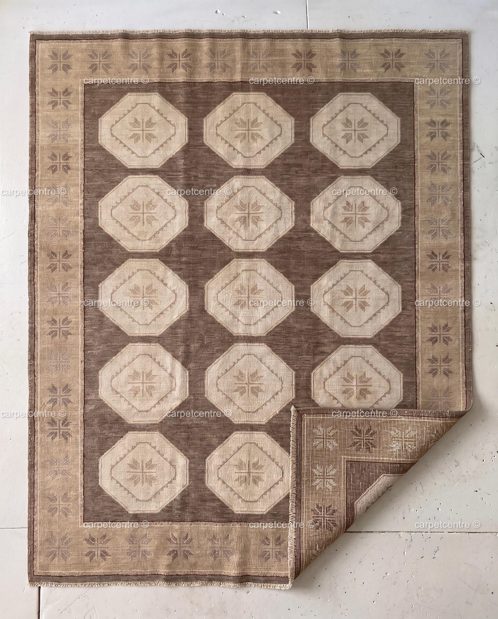 Hand Knotted Oushak Rug | Brown Geometric Wool Carpet | Turkish Tribal Area Rug