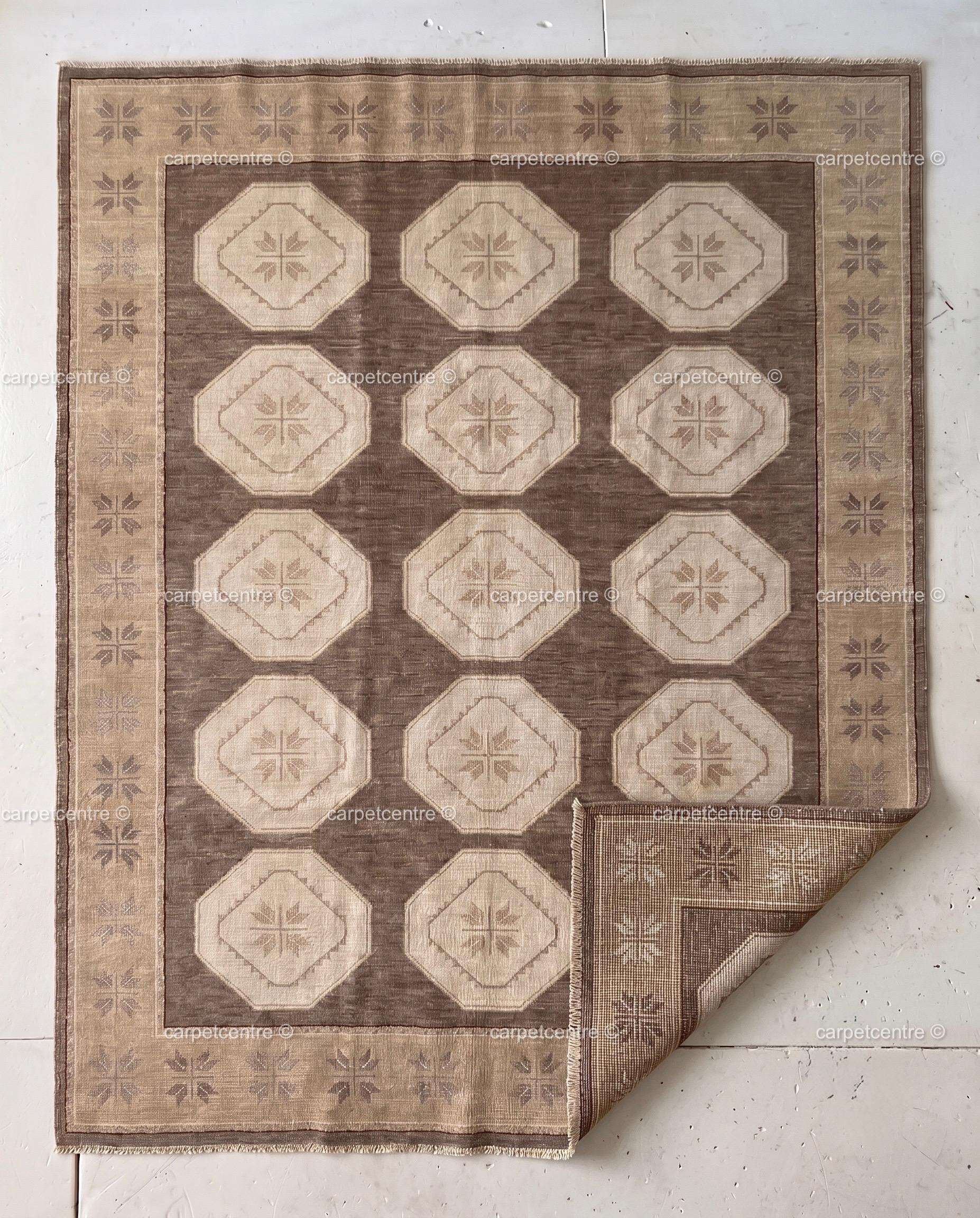 Hand Knotted Oushak Rug | Brown Geometric Wool Carpet | Turkish Tribal Area Rug