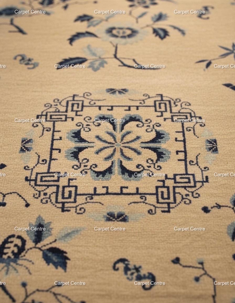 Hand-Knotted Oushak Wool Rug: Blue Beige Chinoiserie Design