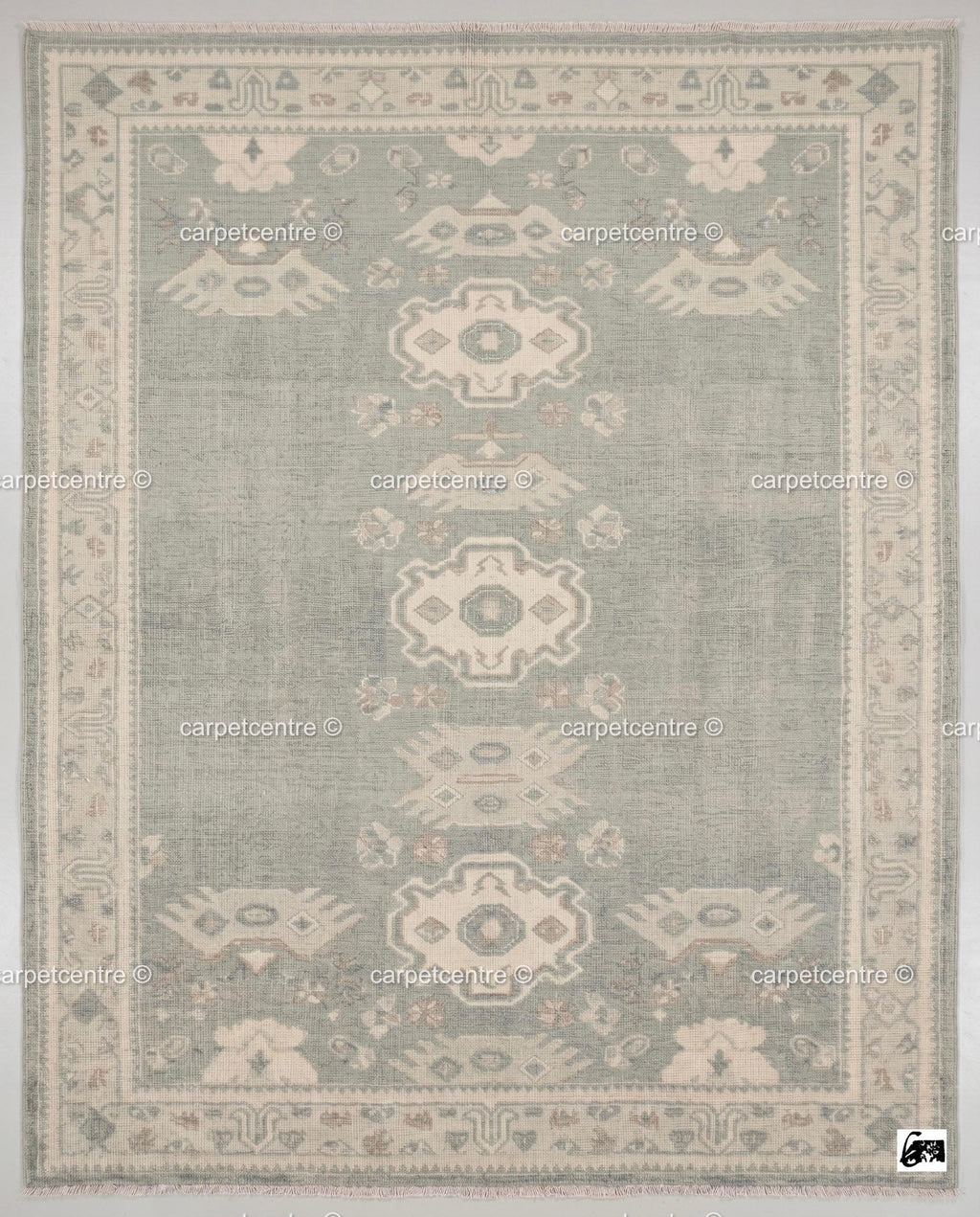 Muted Sage Oushak Rug | Hand-Knotted Wool Carpet, Tribal Geometric Boho Decor