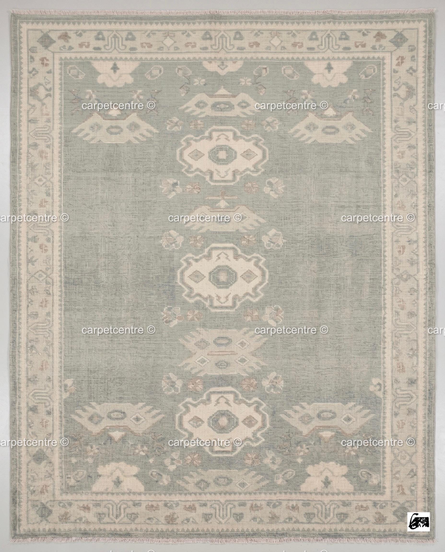 Muted Sage Oushak Rug | Hand-Knotted Wool Carpet, Tribal Geometric Boho Decor