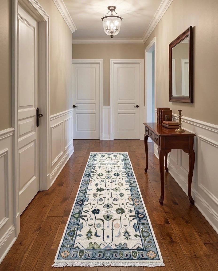 Hand Knotted Oushak Runner, Ivory Blue Wool Hallway Rug, Modern Farmhouse Style