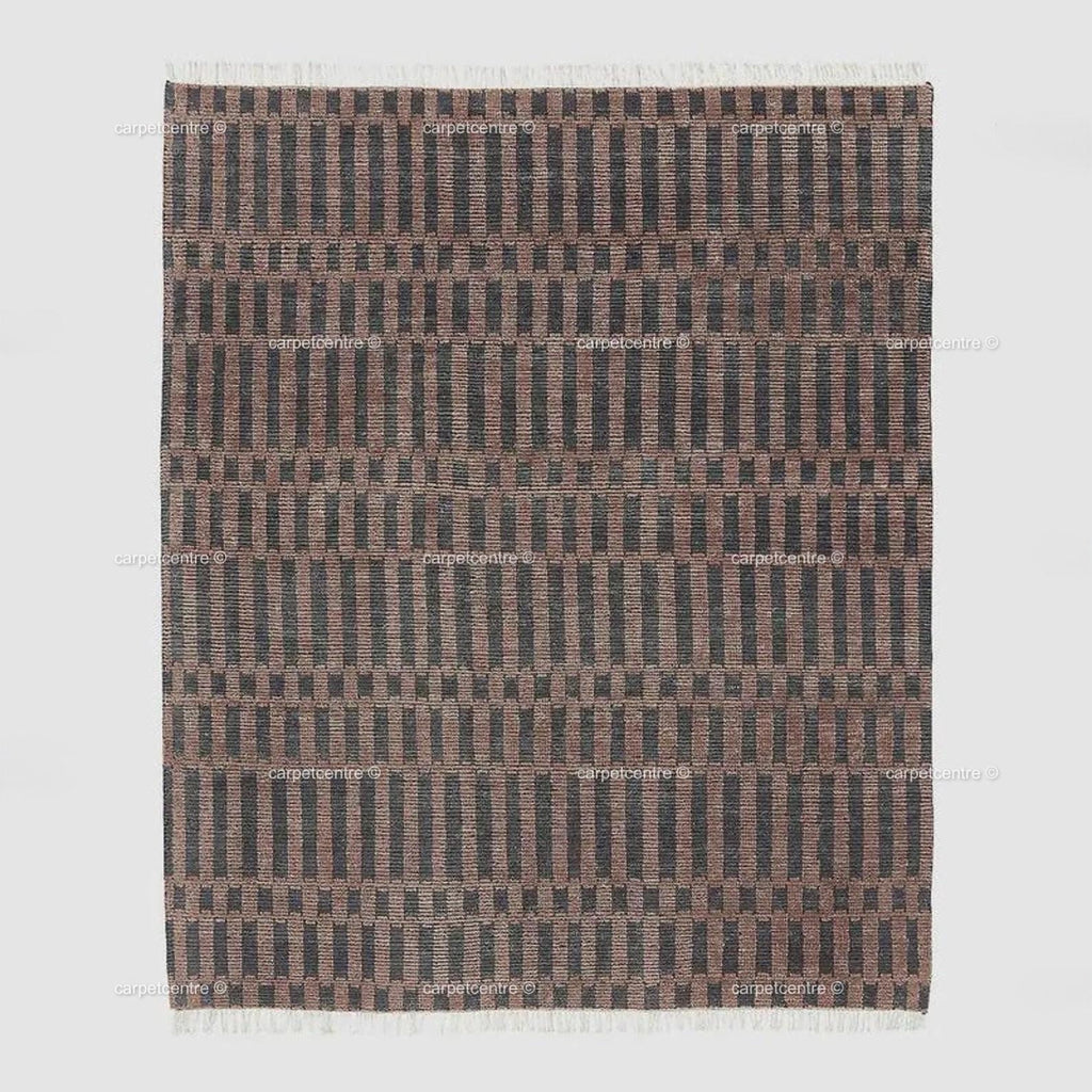 Hand Knotted Wool Rug: Modern Striped, New Zealand Wool, Turkish Knot, Brown Beige Carpet