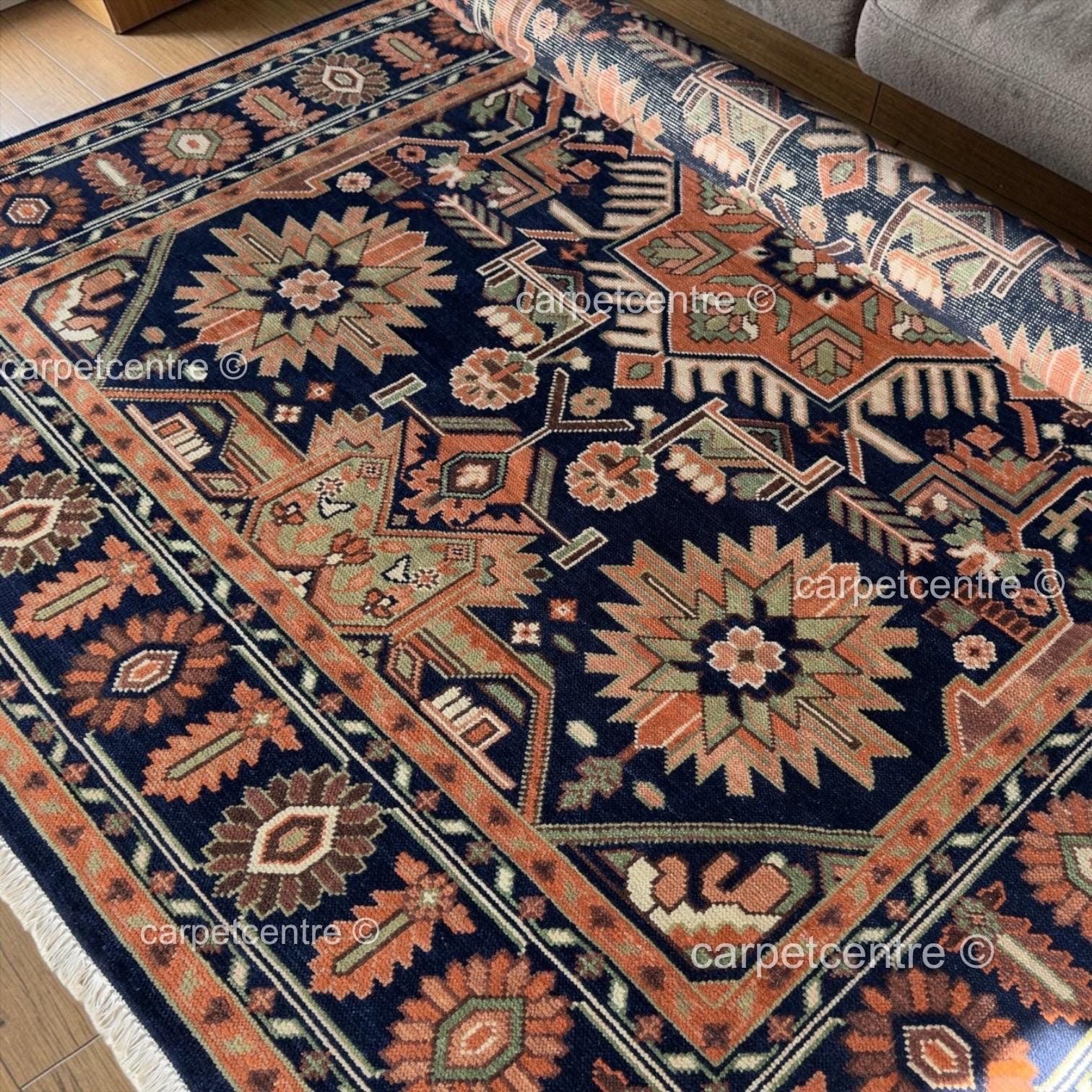 Hand-Knotted Oushak Wool Rug: Navy Blue Rust Tribal Rug, Traditional Decor