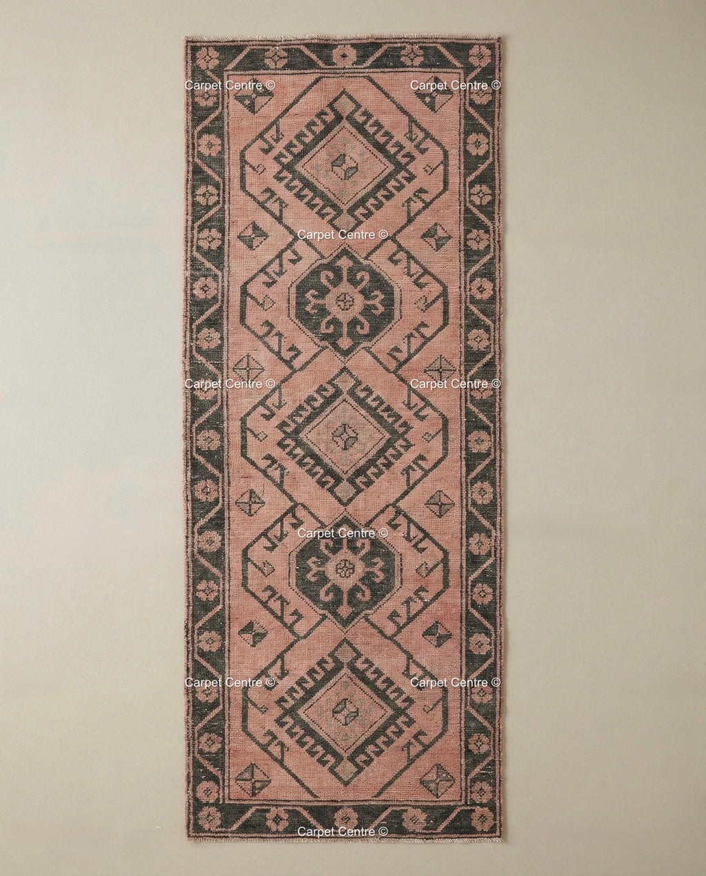 Muted Pink Oushak Turkish Runner, Hand-Knotted Wool Geometric Rug, Boho Hallway Mat