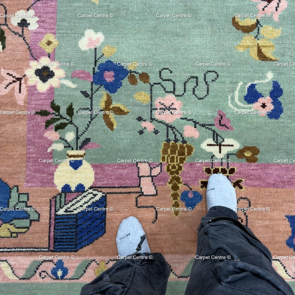 Hand Knotted Oushak Wool Rug, Chinoiserie Floral Oriental Carpet, Pastel Living Room Bedroom