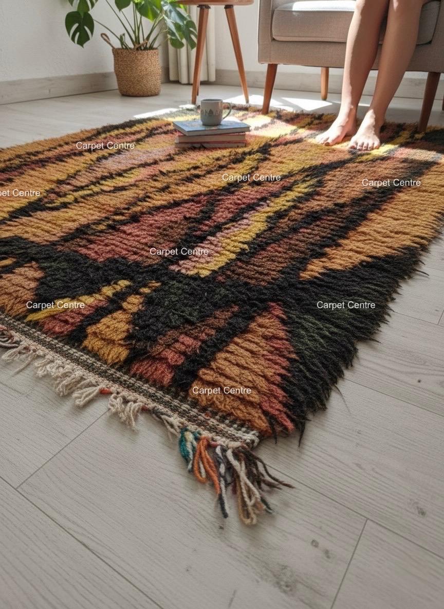 Handmade Moroccan Shag Rug, Rust Orange Wool Tulu Rug, Geometric Boho Decor
