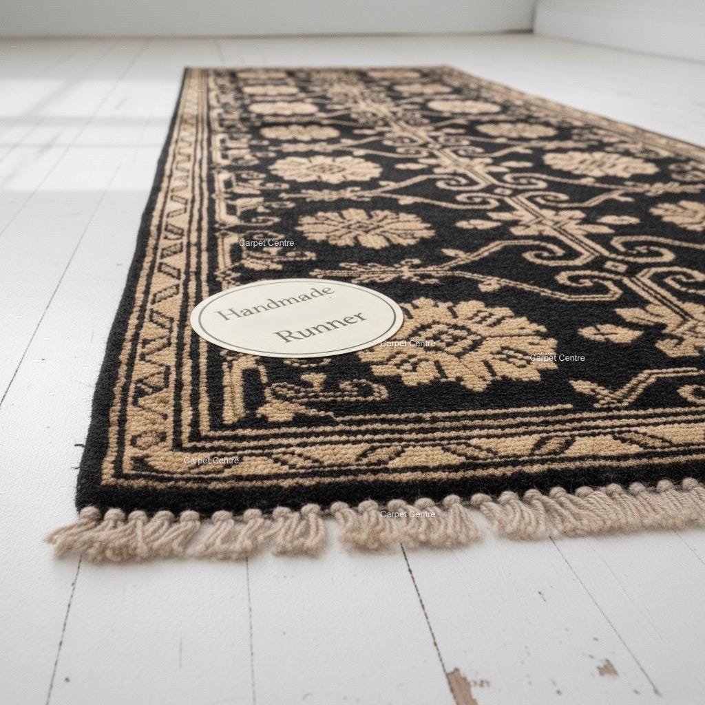Hand-Knotted Wool Runner Rug, Black and Beige Floral Lattice, Oushak Quality