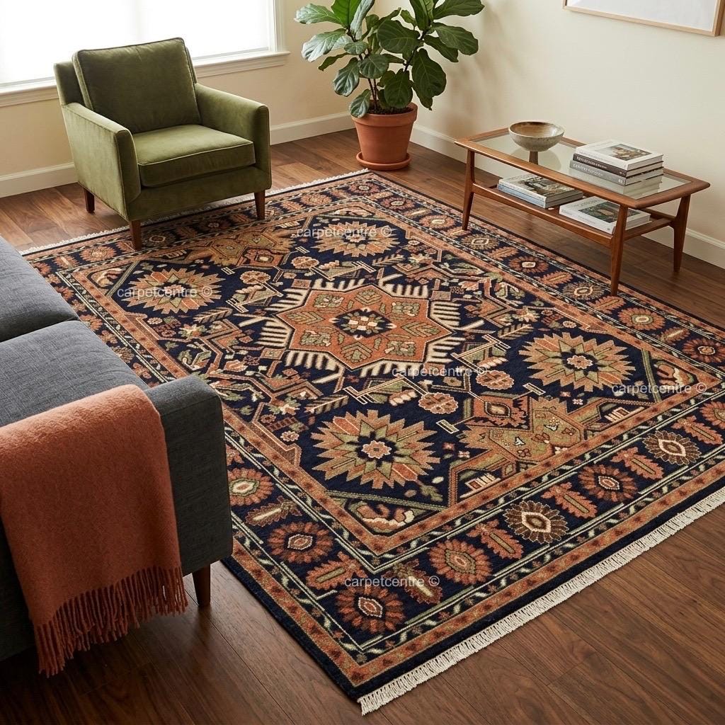 Hand-Knotted Oushak Wool Rug: Navy Blue Rust Tribal Rug, Traditional Decor