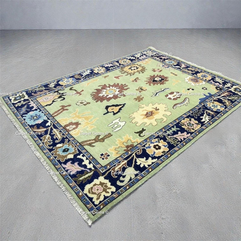 Hand-Knotted Sage Green Oushak Wool Rug, Navy Border, Living Room Decor