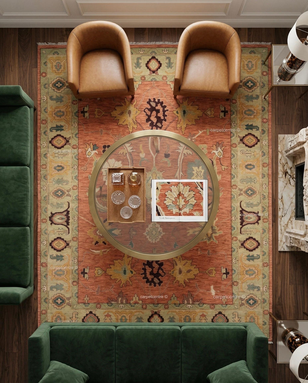 Hand-Knotted Wool Oushak Rug, Terracotta Floral, Sage Green Border, Farmhouse Style
