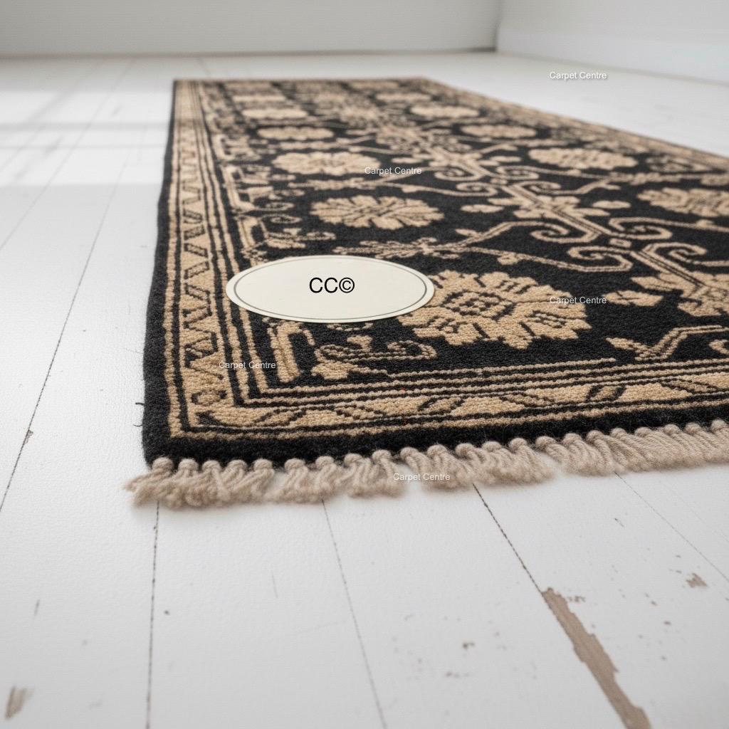 Hand-Knotted Wool Runner Rug, Black and Beige Floral Lattice, Oushak Quality