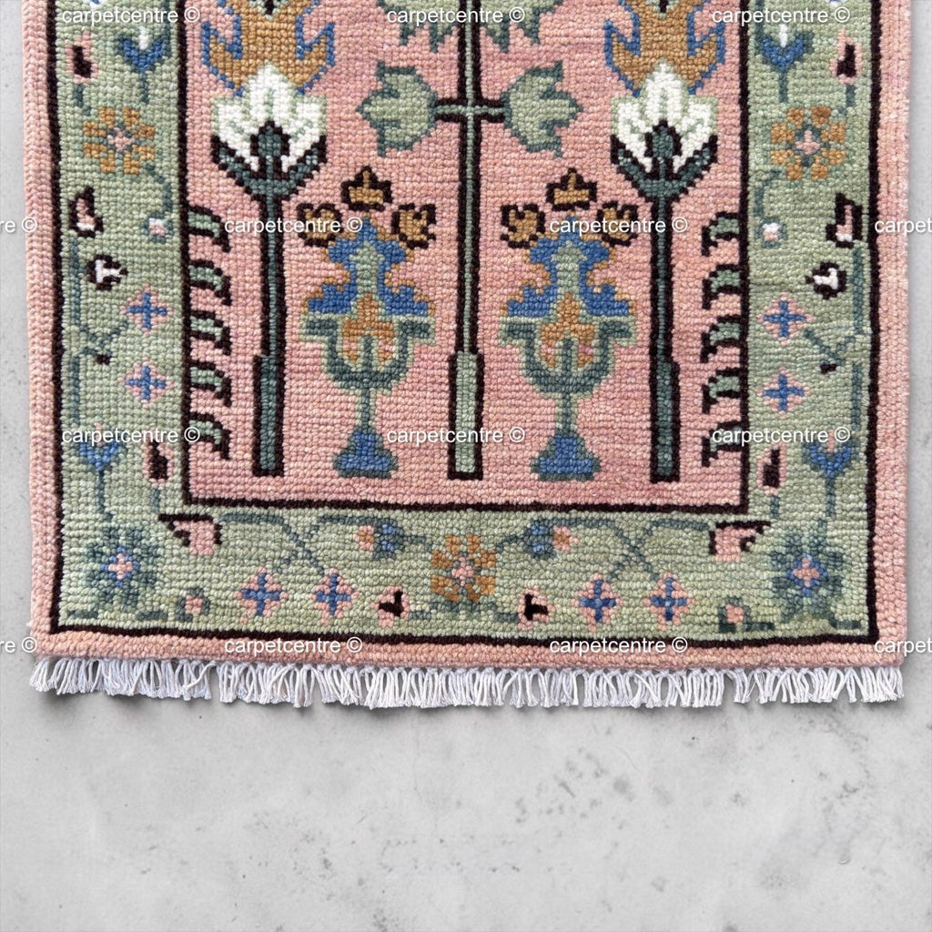 Handmade Wool Runner Rug: Pink and Green Oushak Tree of Life Design