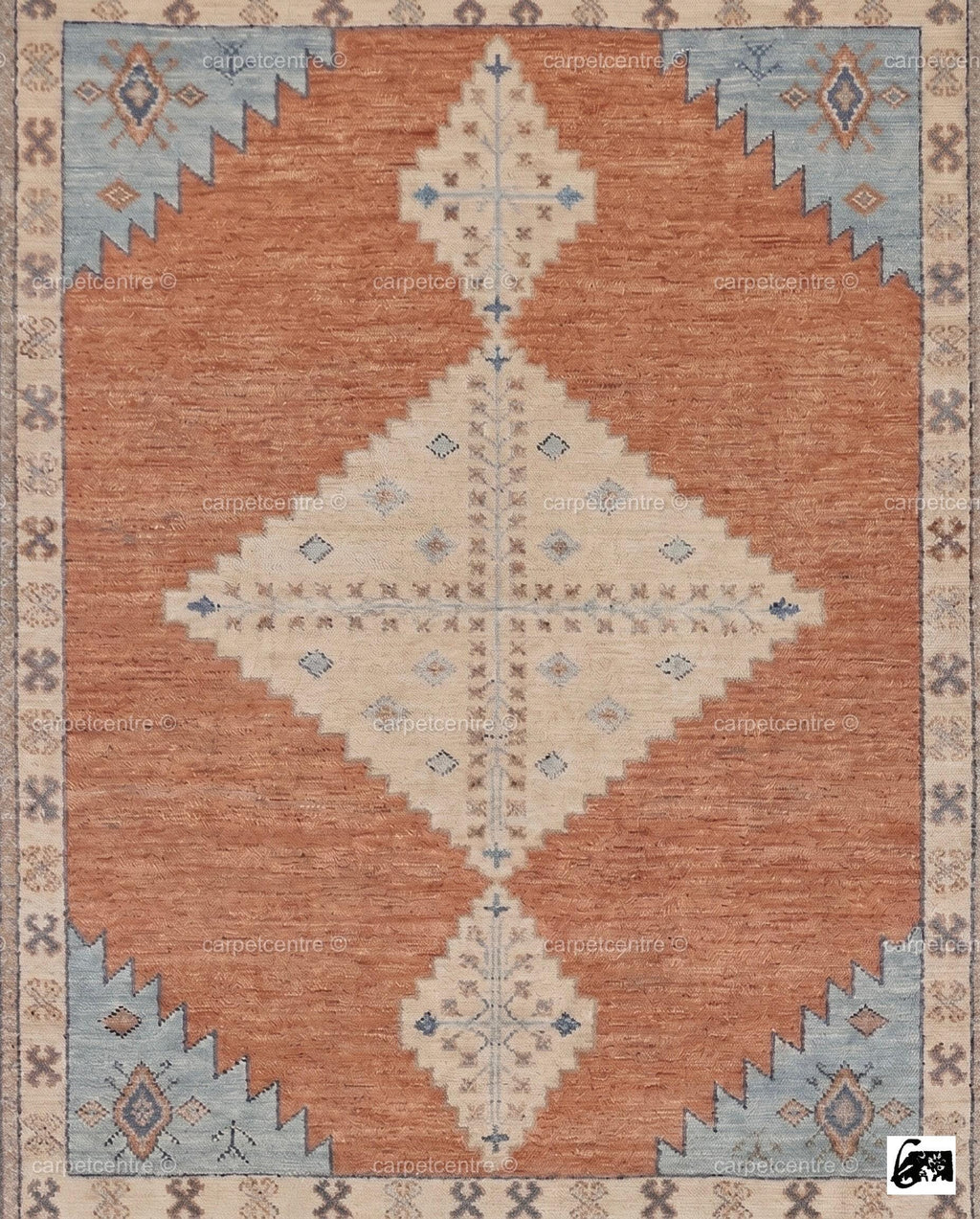 Hand Knotted Oushak Rug | Rust Orange, Blue Tribal Geometric Wool Carpet