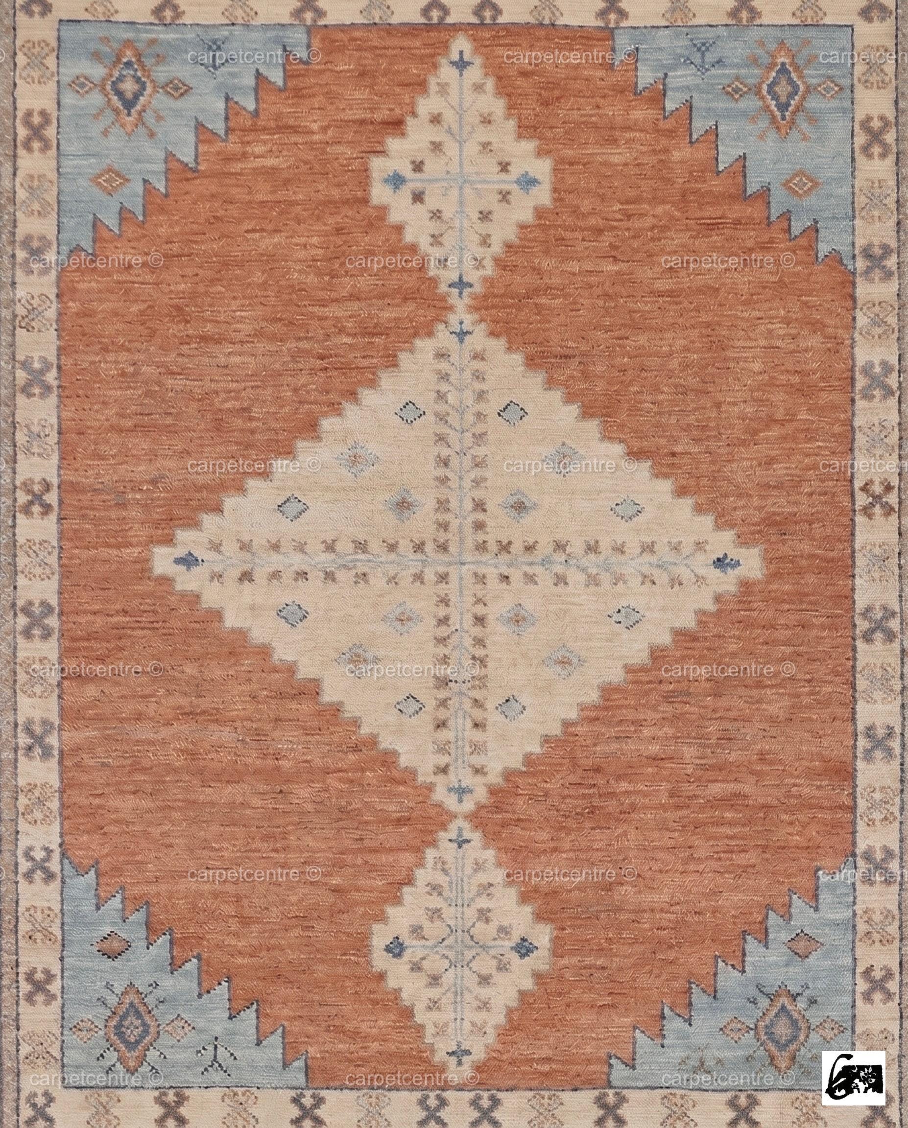 Hand Knotted Oushak Rug | Rust Orange, Blue Tribal Geometric Wool Carpet