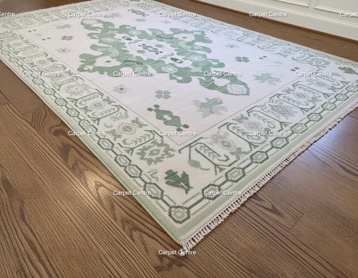 Hand-Knotted Oushak Wool Rug: Sage Green Medallion, Transitional Design