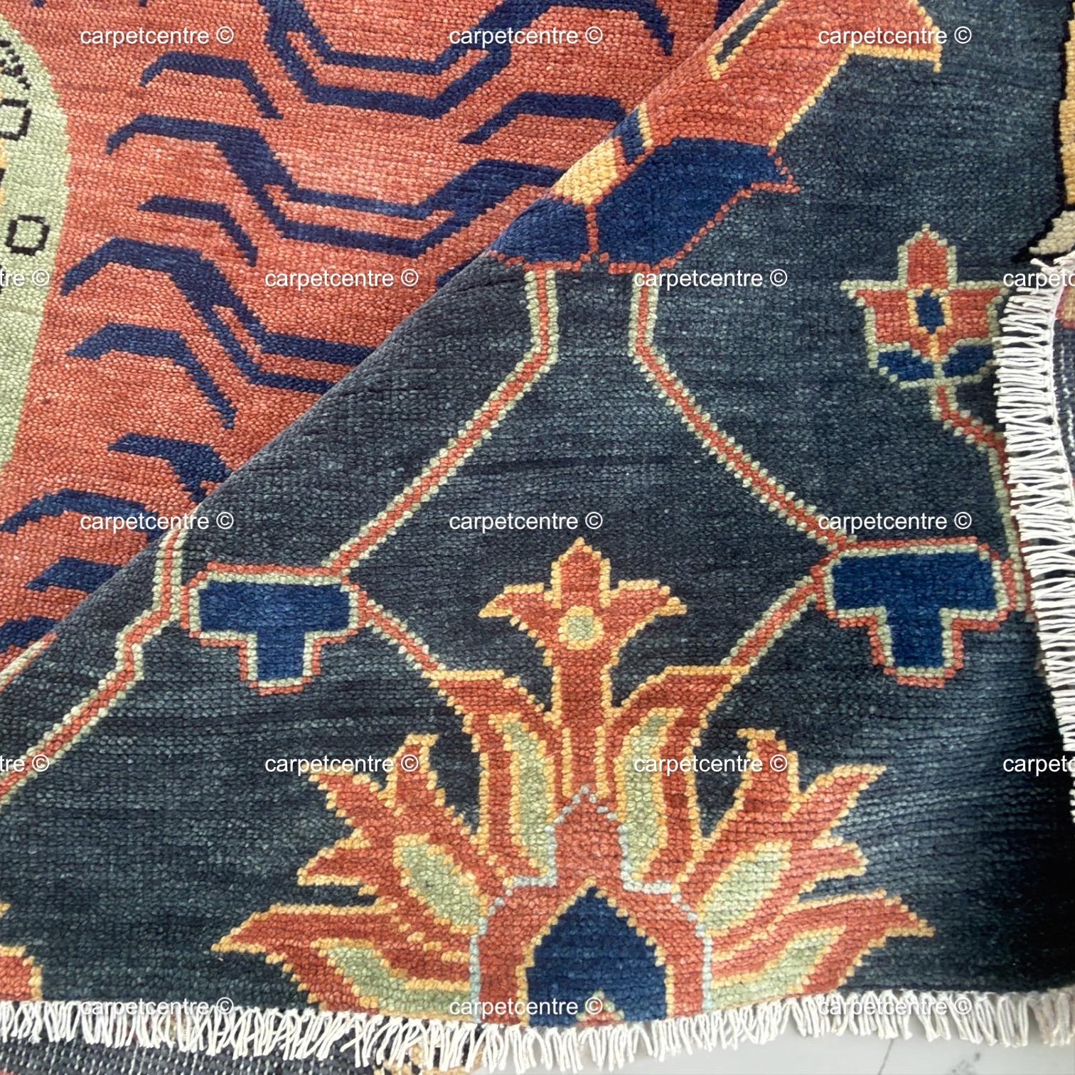 Tibetan Tiger Print Oushak Rug, Hand Knotted Wool 6x8 8x10 9x12 10x14 Area Carpet, Charcoal Rust Maximalist Decor Living Room Bedroom Decor