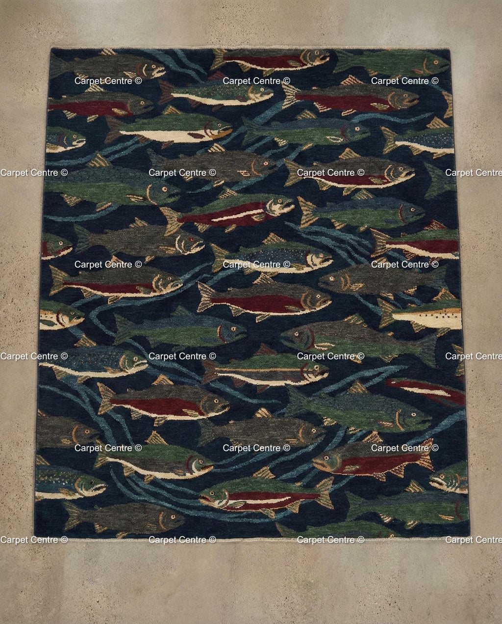 Hand Knotted Oushak Wool Rug, Navy Blue Fish, Cabin Lodge Decor