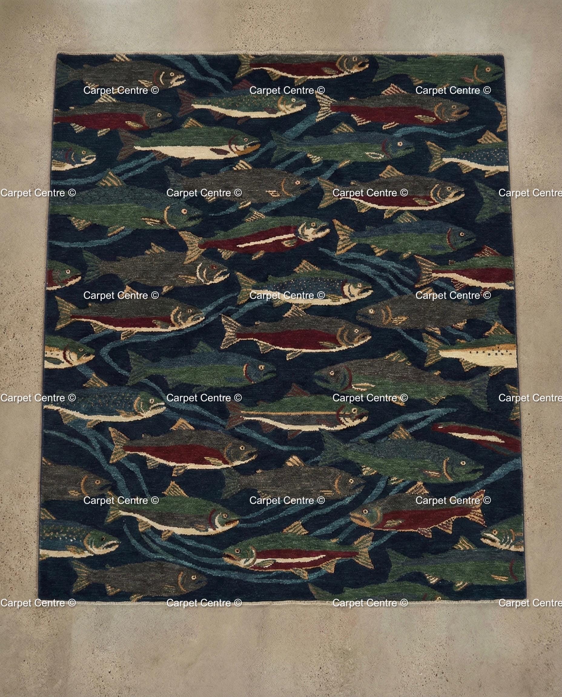 Hand Knotted Oushak Wool Rug, Navy Blue Fish, Cabin Lodge Decor