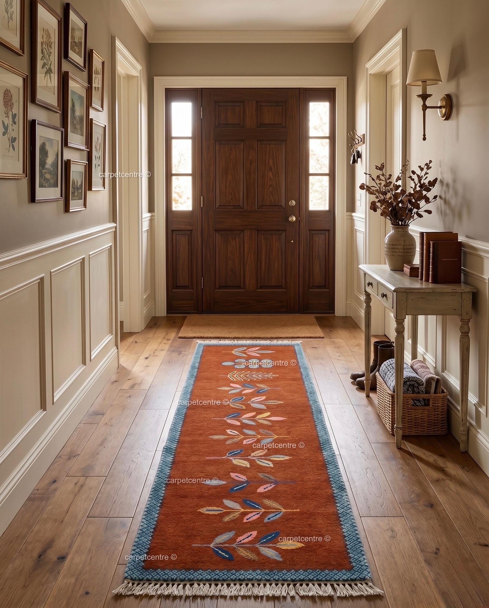 Botanical Leaf Runner Rug: Rust Orange Colorful Carpet Handmade Wool Area Rug