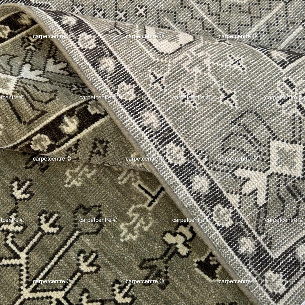 Hand Knotted Wool Oushak Rug, Olive Green Tree of Life Area Carpet