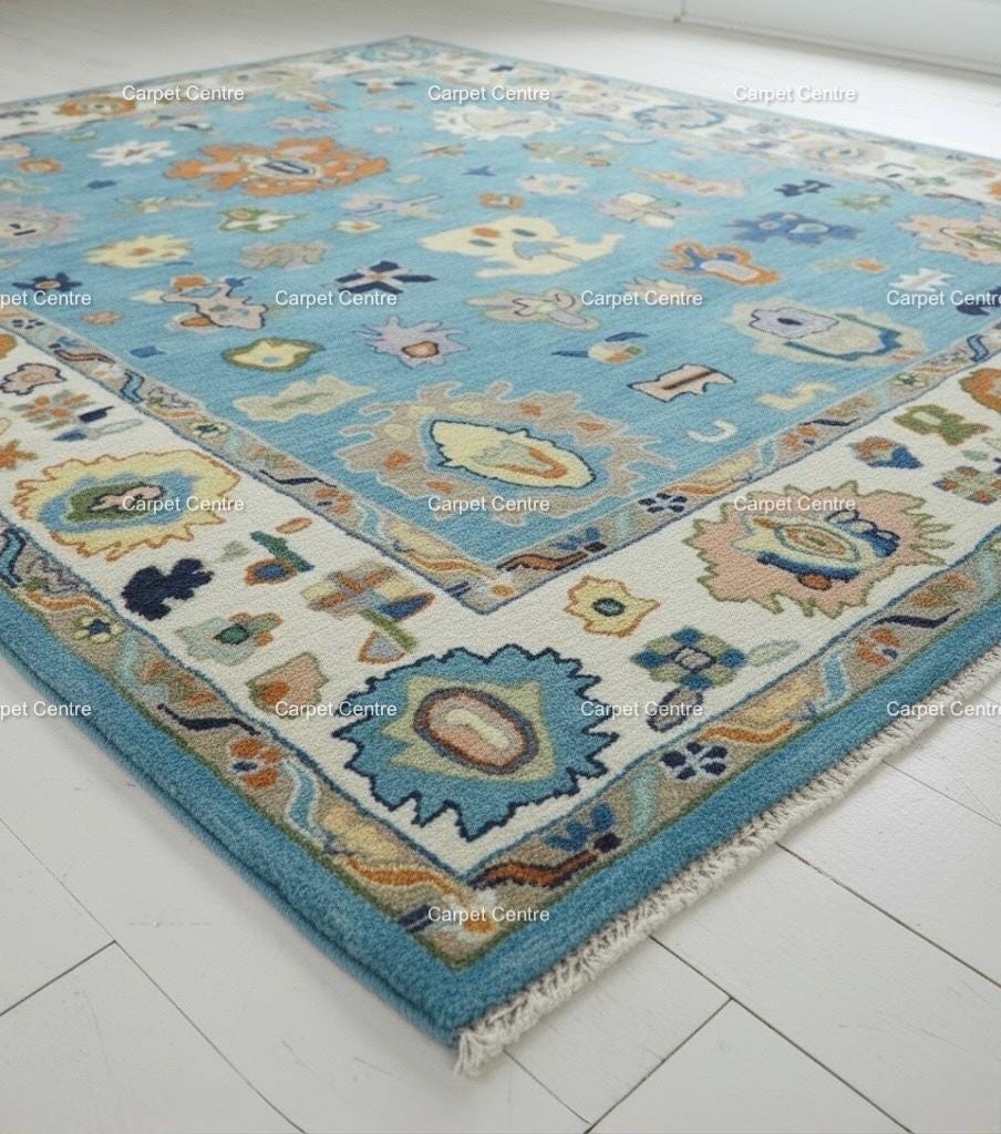 Hand-Knotted Light Blue Oushak Wool Rug, Eclectic Boho Style