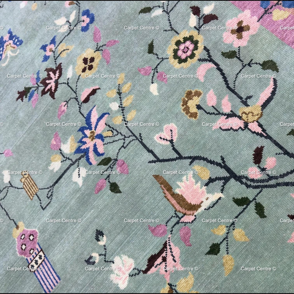 Hand Knotted Oushak Wool Rug, Chinoiserie Floral Oriental Carpet, Pastel Living Room Bedroom