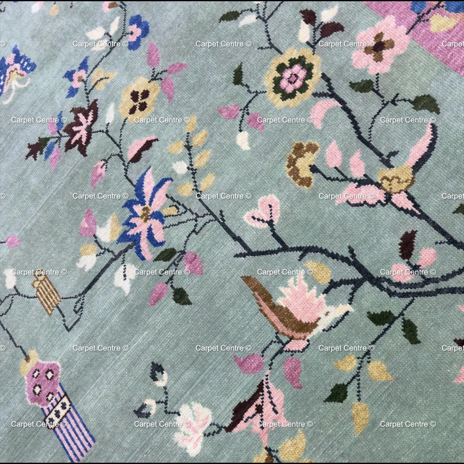 Hand Knotted Oushak Wool Rug, Chinoiserie Floral Oriental Carpet, Pastel Living Room Bedroom