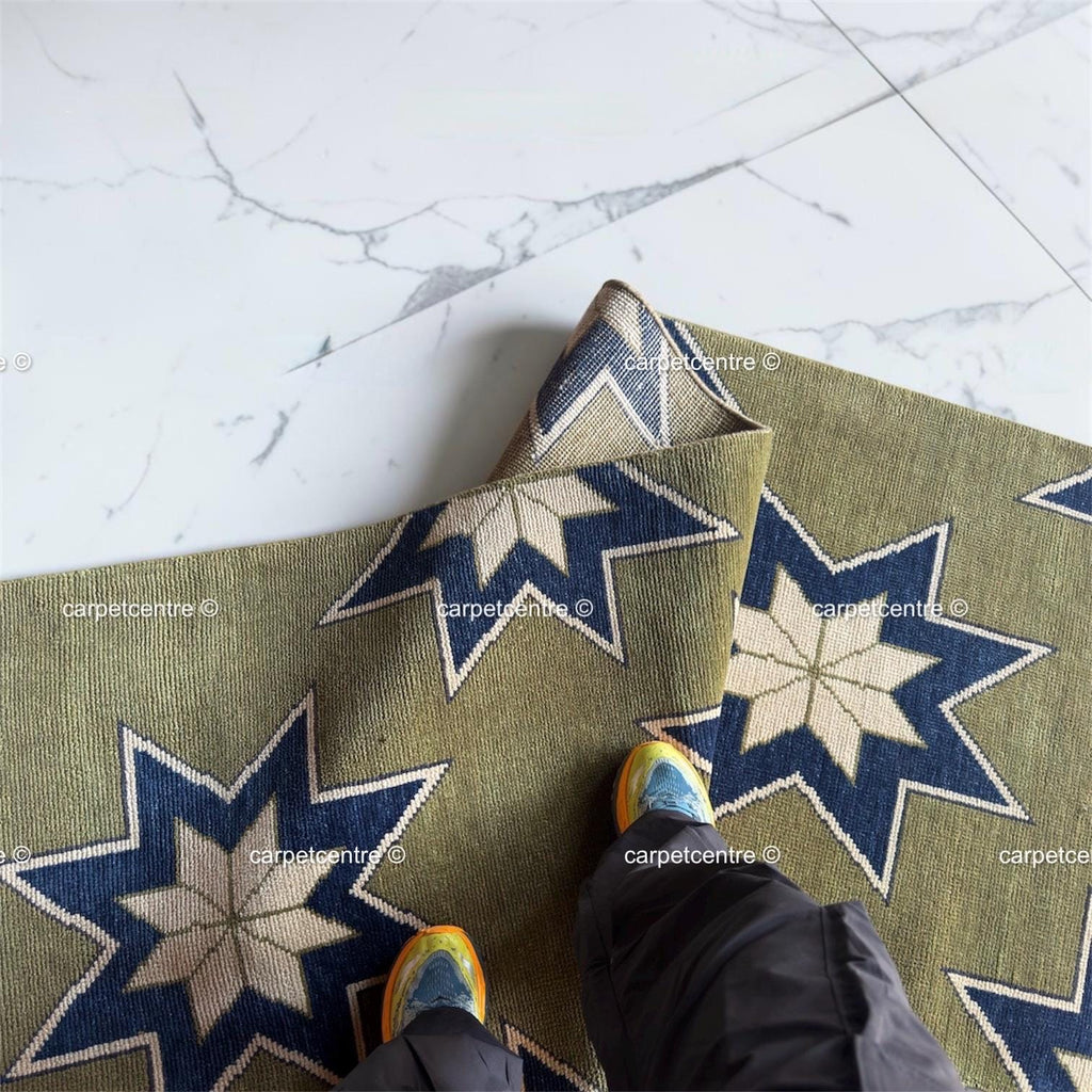 Moss Green Wool Runner Rug, Turkish Knot Star Design, Geometric Hallway Entryway Carpet