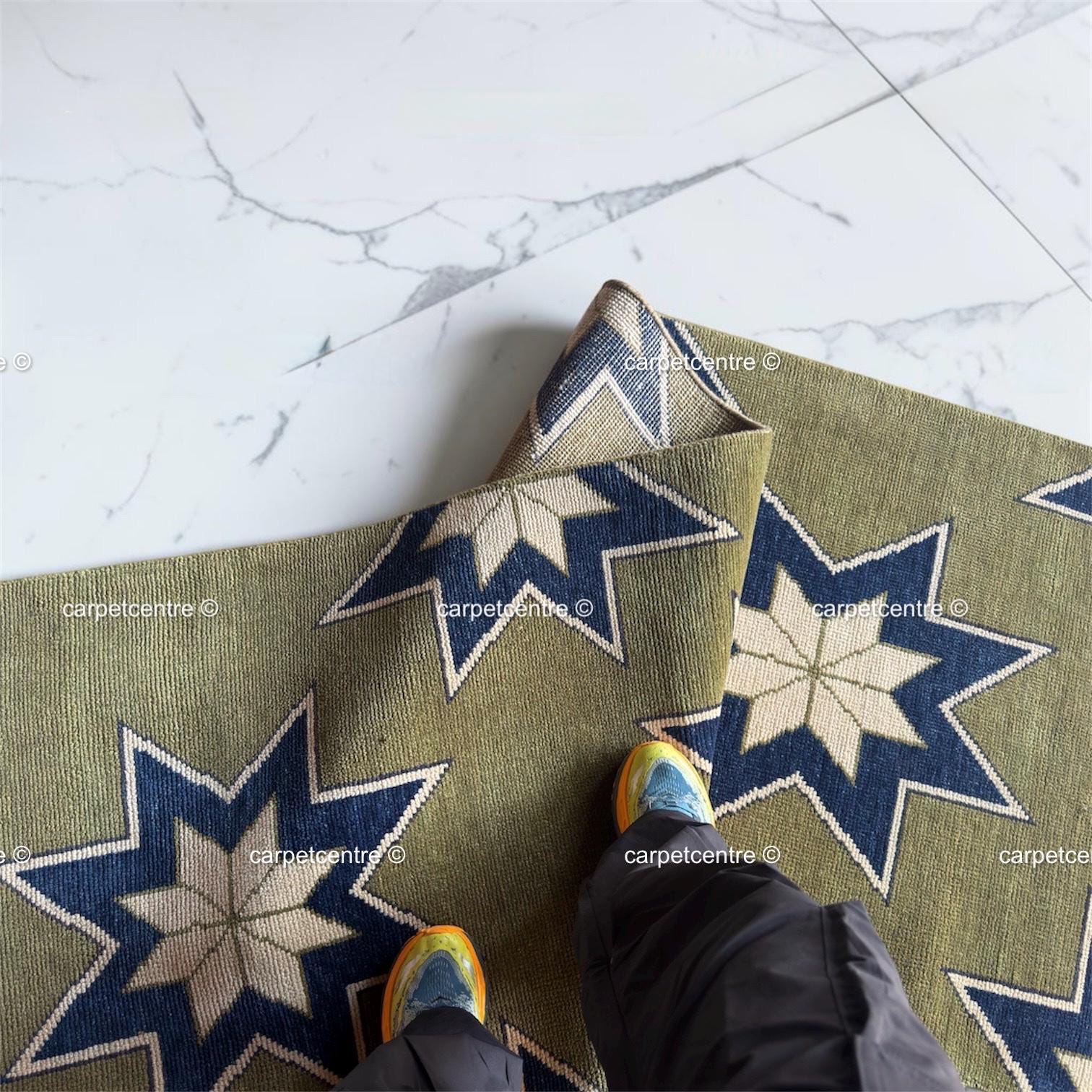 Moss Green Wool Runner Rug, Turkish Knot Star Design, Geometric Hallway Entryway Carpet