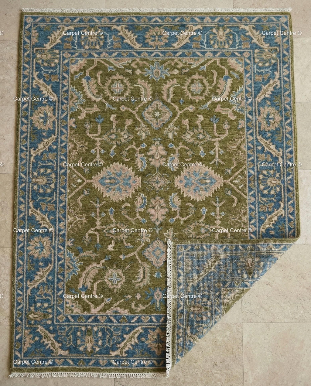 Hand Knotted Wool Oushak Rug – Rose Pink, Green Border, Turkish Floral Design