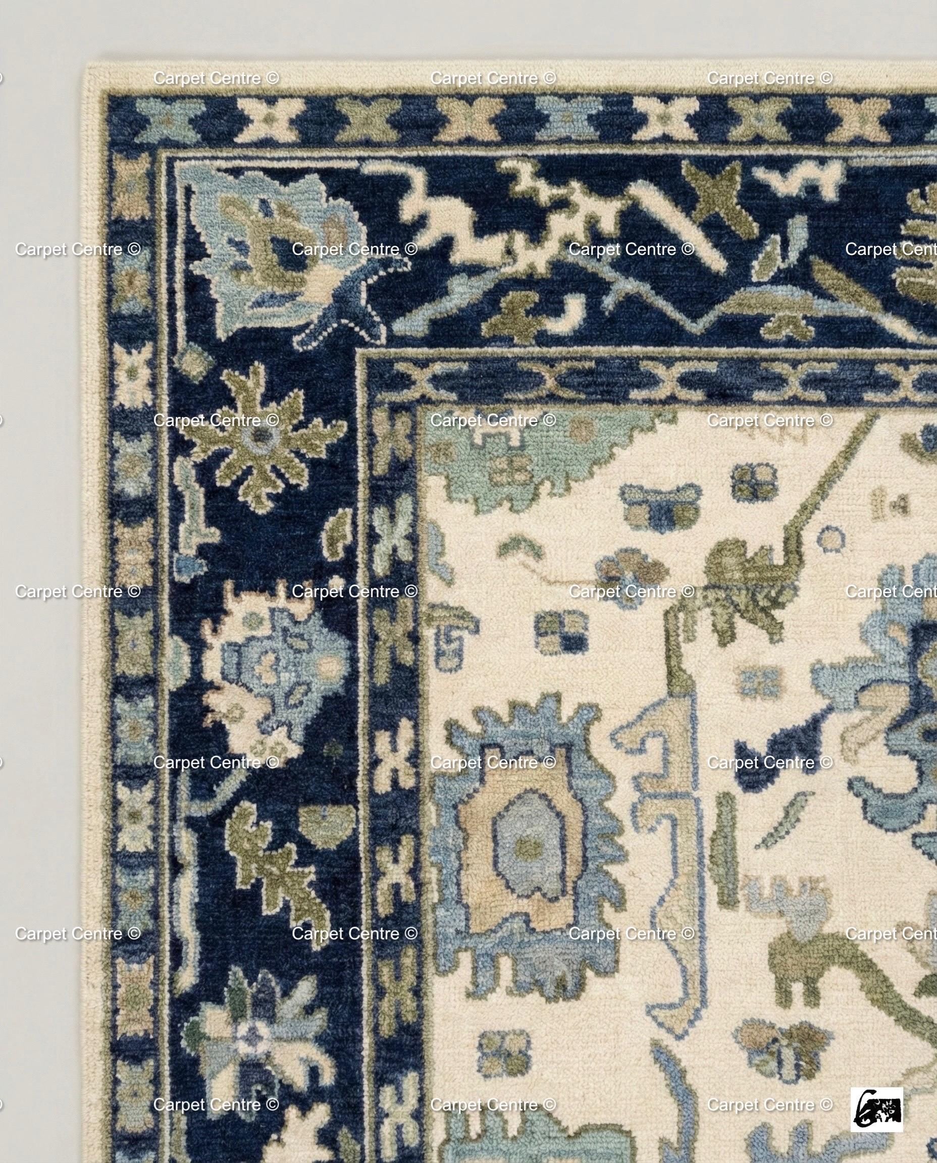 Hand Knotted Wool Oushak Rug | Navy, Cream, and Sage