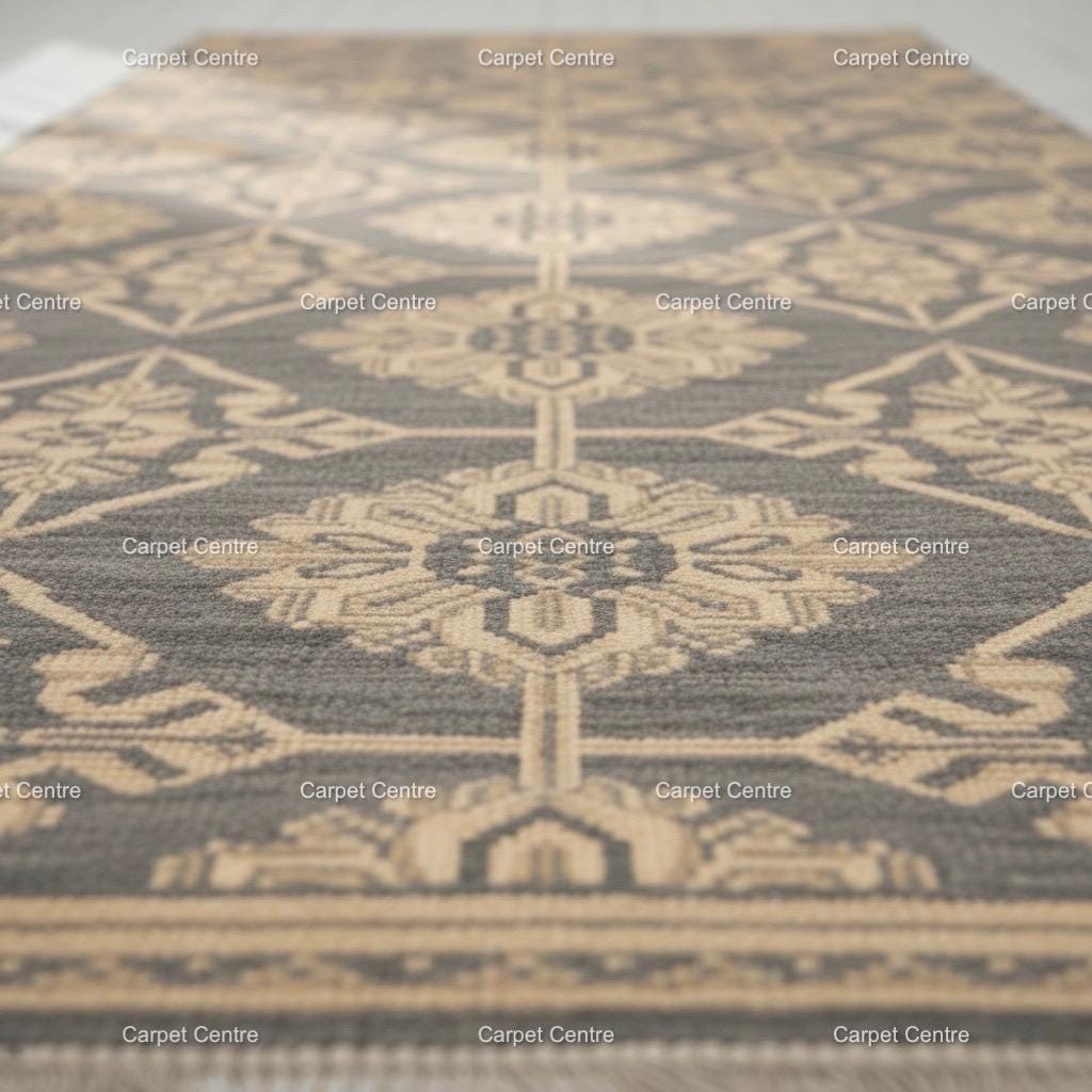 Hand-Knotted Wool Runner Rug, Charcoal Gray Oushak Style, Geometric Medallion