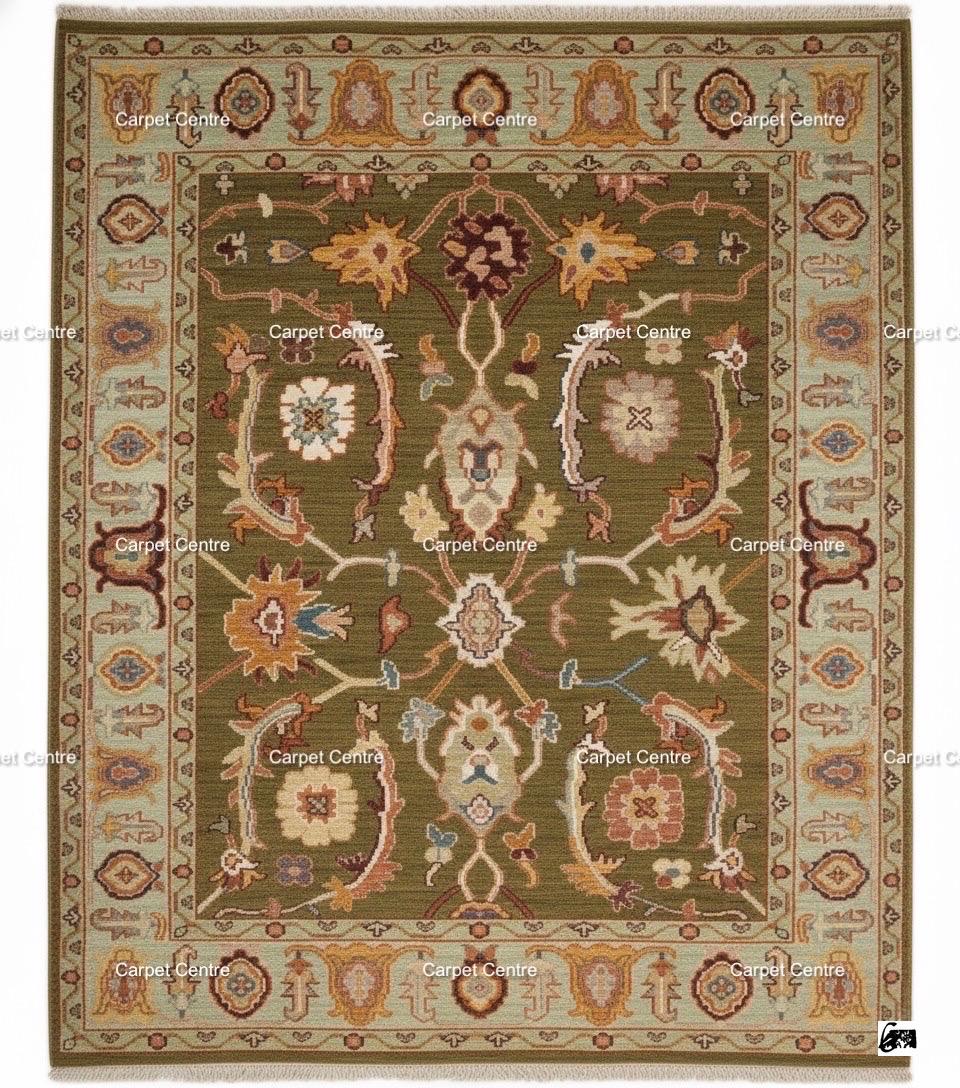 Hand Knotted Wool Rug, Olive Green Floral Carpet, Oriental Area Rug