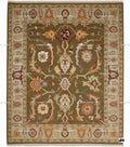 Hand Knotted Wool Rug, Olive Green Floral Carpet, Oriental Area Rug