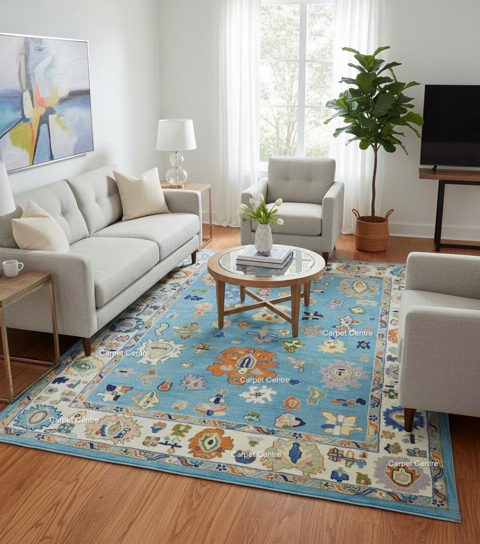 Hand-Knotted Light Blue Oushak Wool Rug, Eclectic Boho Style