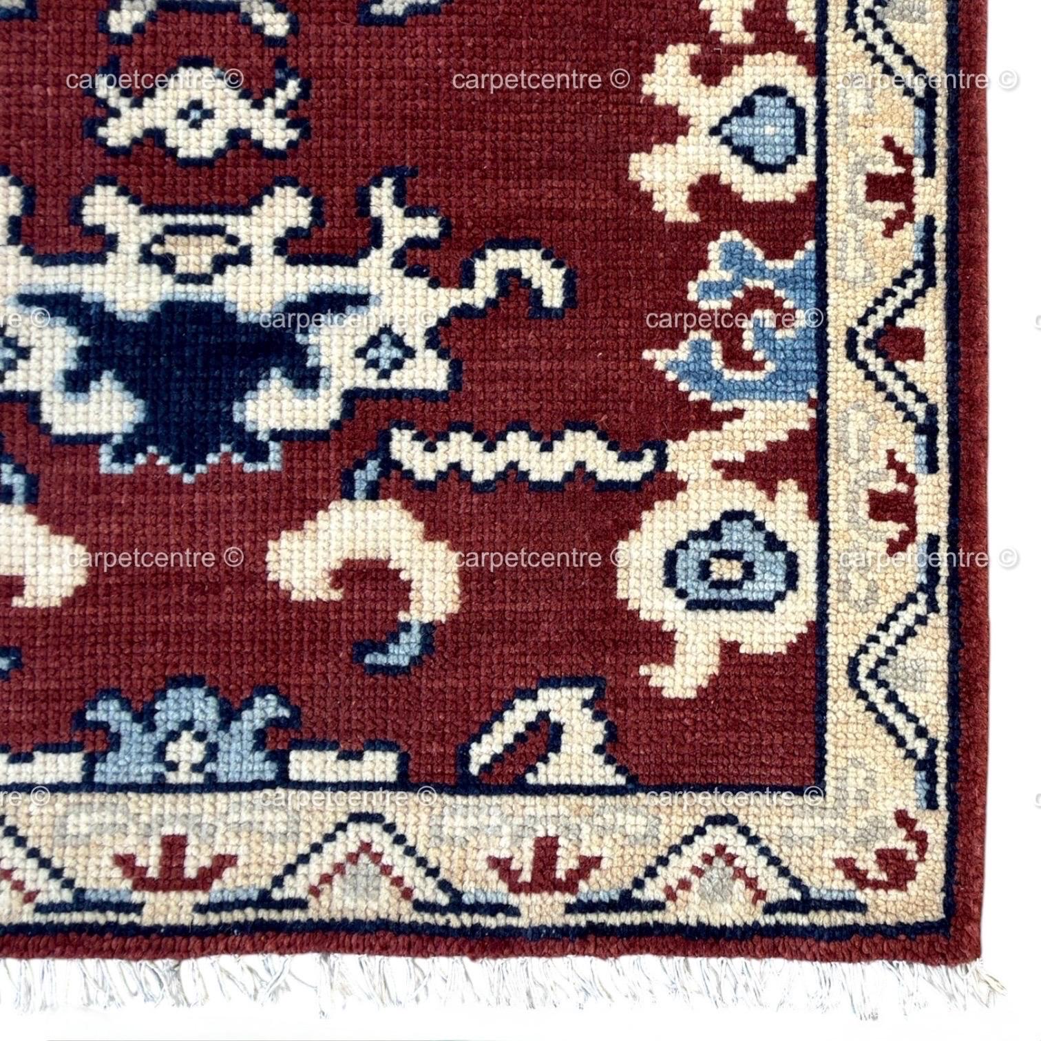 Hand-Knotted Rust Red Wool Runner Rug, Navy Blue Tribal Oushak Design