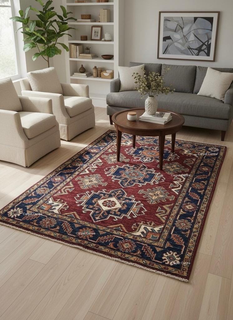 Hand-Knotted Red Oushak Wool Rug, Heriz Medallion, Navy Border