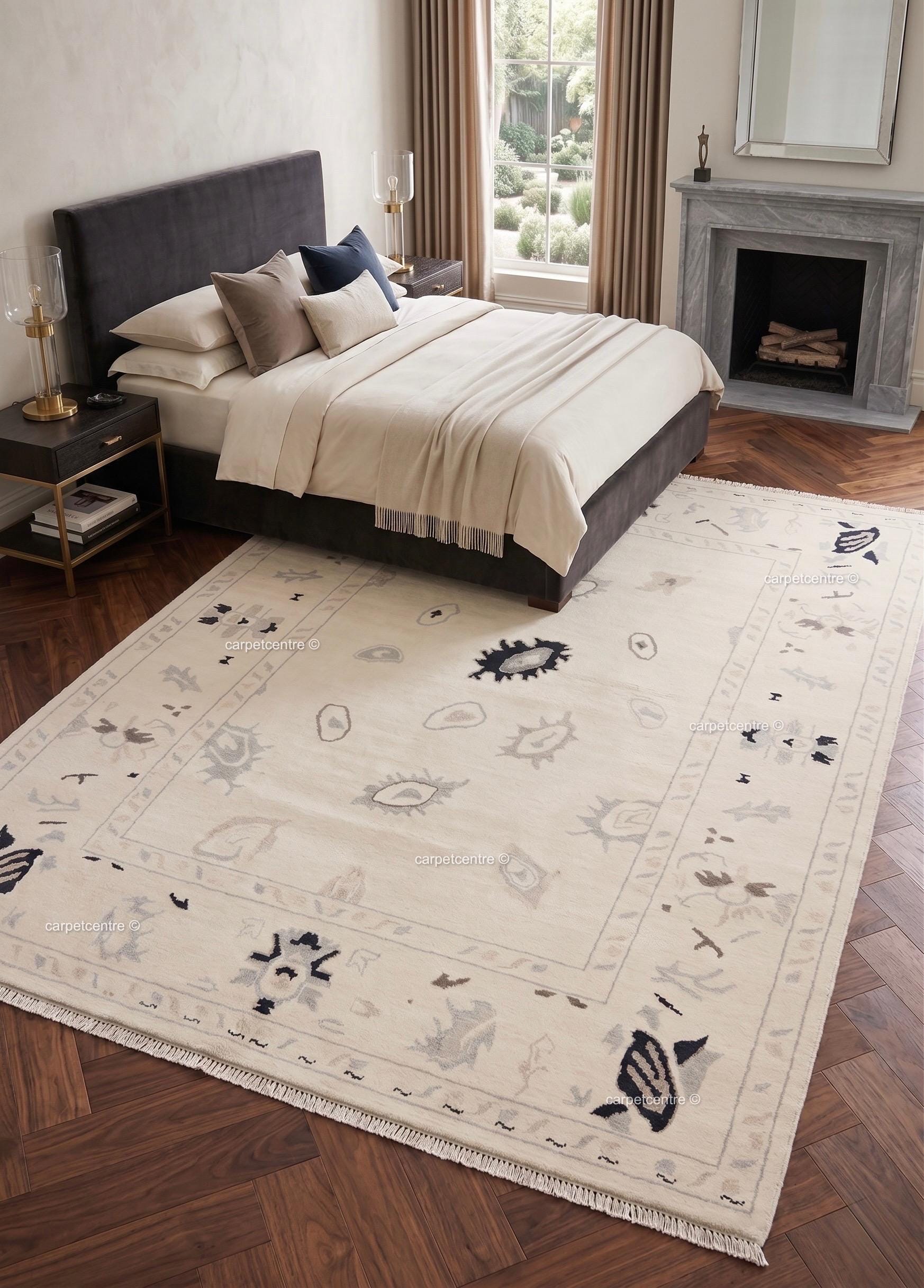 Neutral Oushak Rug | Hand-Knotted Wool Geometric Turkish Area Rug, Boho Decor