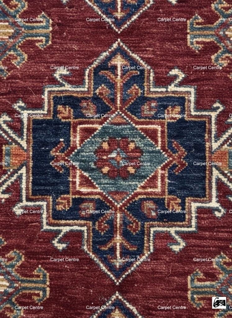 Hand-Knotted Red Oushak Wool Rug, Heriz Medallion, Navy Border