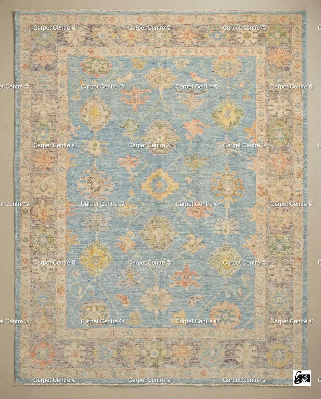 Handmade Sky Blue Oushak Wool Rug, Turkish Knot, Coastal Farmhouse Decor