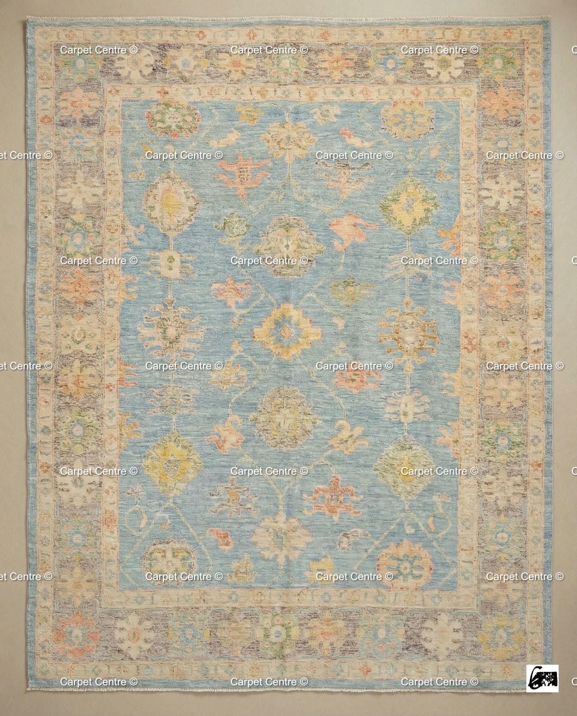Handmade Sky Blue Oushak Wool Rug, Turkish Knot, Coastal Farmhouse Decor