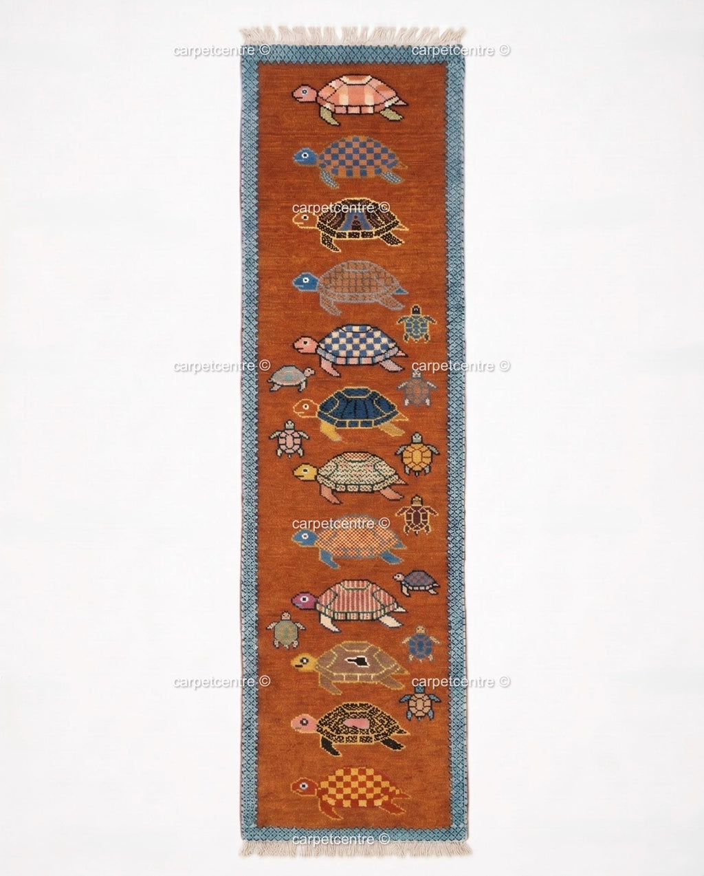 Handmade Wool Runner Rug – Rust Orange Tortoise Turtle Design, Coastal Hallway Carpet