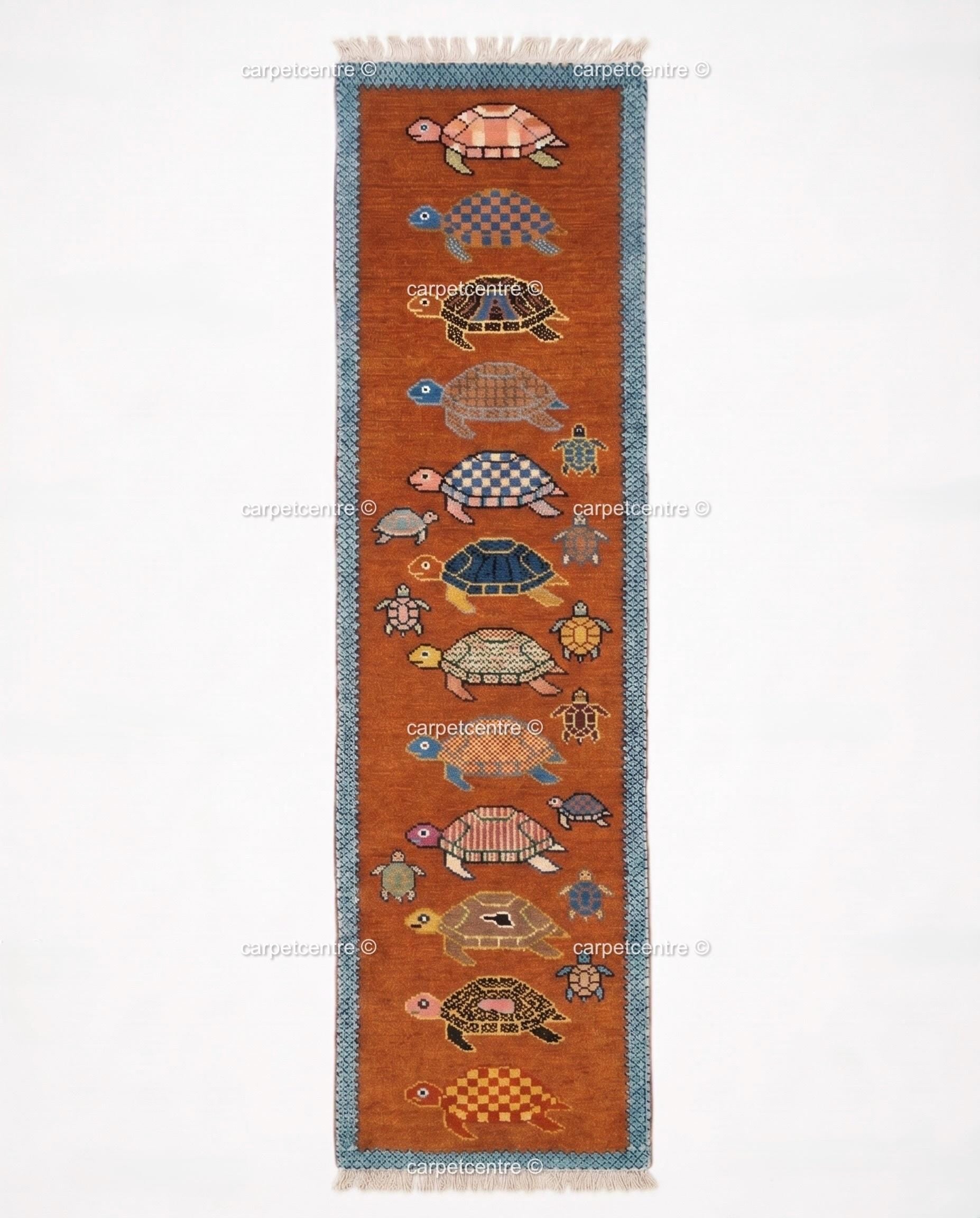Handmade Wool Runner Rug – Rust Orange Tortoise Turtle Design, Coastal Hallway Carpet