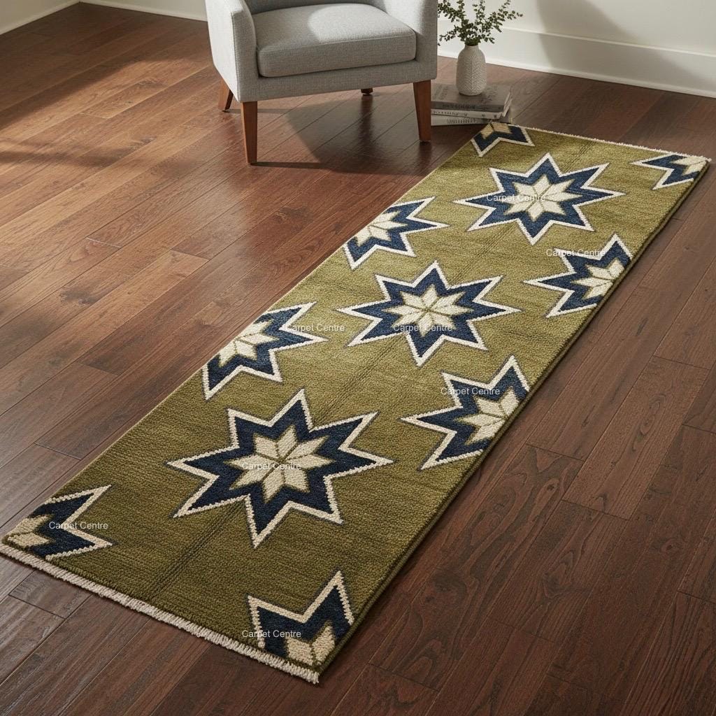 Olive Green Wool Runner Rug, Turkish Knot Star Pattern