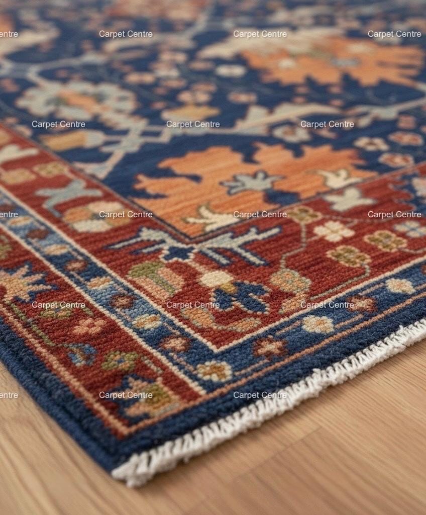 Navy Blue Hand-Knotted Wool Rug, Heriz Oushak Style